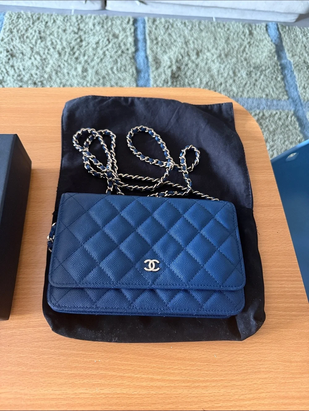 Incredible CHANEL Blue Quilted Caviar Leather Wallet-on-Chain with Gold Hardware